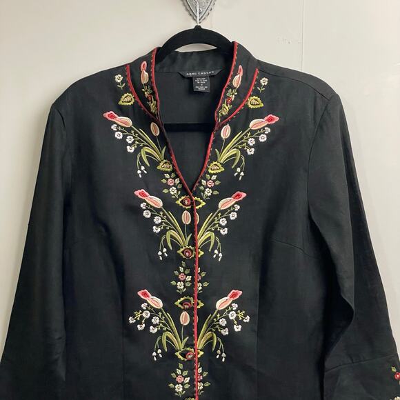 Vintage XL 100% linen coastal summer boho chic floral black Anne Carson button - Picture 2 of 7